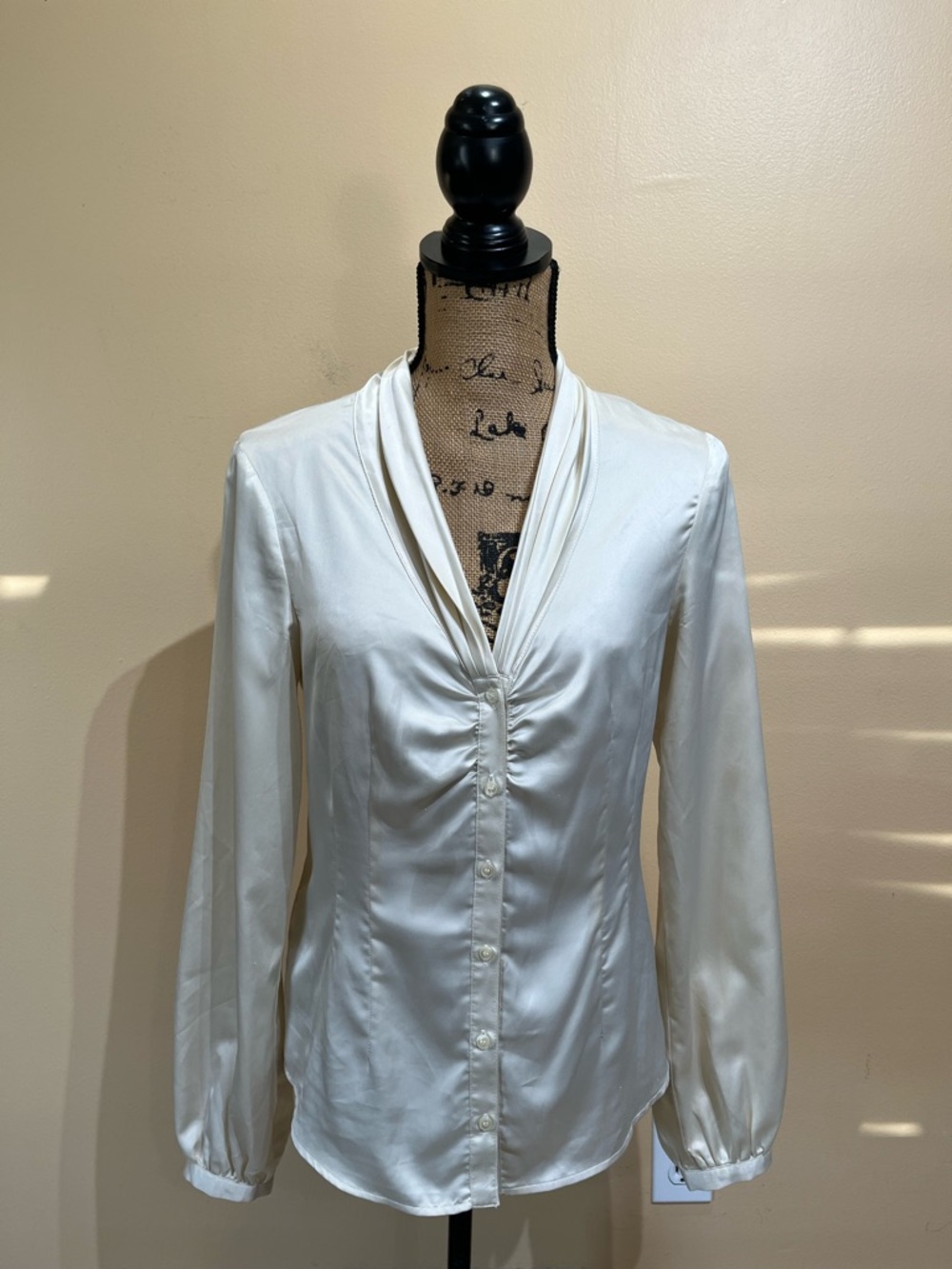 MNG by Mango Cream Satin Ruched Button-Front Blouse Dress Shirt Draped V-Neck